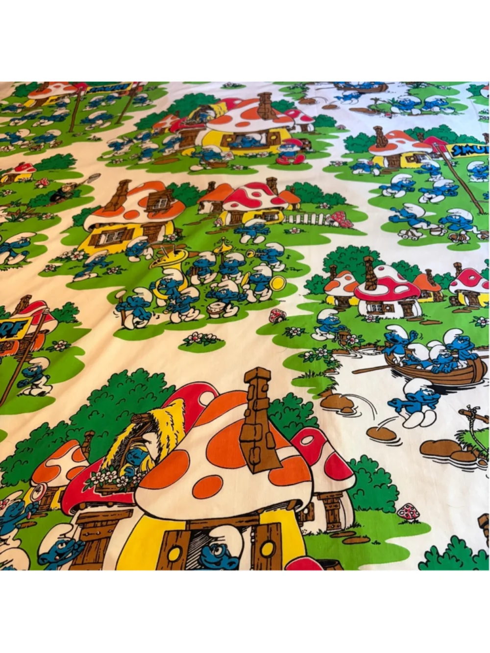 Vintage Smurfs Double Flat Bed Sheet Gargamel Smurfette Papa White Green Fabric